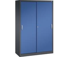 C+P ACURADO schuifdeurkast, 3 legborden, 2 lockers, h x b x d = 1950 x 1200 x 500 mm, zwartgrijs/gentiaanblauw