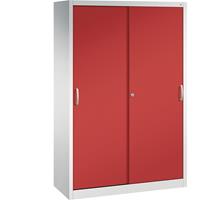 C+P ACURADO schuifdeurkast, 3 legborden, 2 lockers, h x b x d = 1950 x 1200 x 500 mm, lichtgrijs/vuurrood