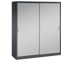 C+P ACURADO schuifdeurkast, 6 legborden, 2 lockers, h x b x d = 1950 x 1600 x 500 mm, zwartgrijs / blank aluminiumkleurig