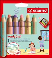 STABILO woody 3in1 kleurpotlood, etui van 6 stuks in pastel kleuren