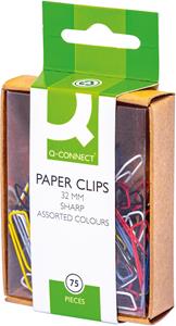 Q-CONNECT papierklemmen, 32 mm, doos van 75 stuks, ophangbaar, geassorteerde kleuren.