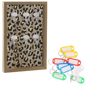 Houten sleutelkastje met 10x stuks sleutellabels - luipaard print -