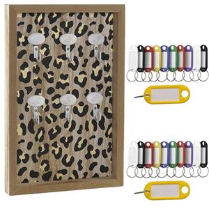 Houten sleutelkastje met 20x stuks sleutellabels - luipaard print -