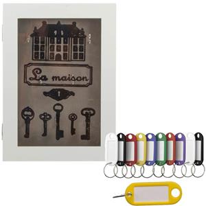 Houten sleutelkastje met 10x stuks sleutellabels - wit La Maison -