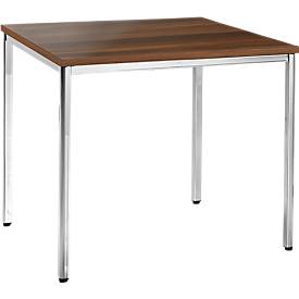 Konferenztisch, bis 4 Personen, Quadrat, 4-Fuß Quadratrohr, B 800 x T 800 x H 720 mm, Walnuss/chromsilber