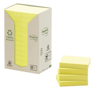 Post-it recycled notes , 100 vel, ft 38 x 51 mm, geel, pak van 24 blokken