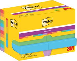 Post-It Super Sticky Notes Playful, 90 vel, ft 47,6 x 47,6 mm, pak van 12 blokken