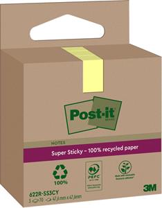 Post-it Super Sticky Notes Recycled, 70 vel, ft 47,6 x 47,6 mm, geel, pak van 3 blokken