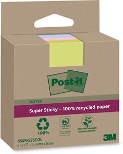 Post-it Super Sticky Notes Recycled, 70 vel, ft 76 x 76 mm, assorti, pak van 3 blokken