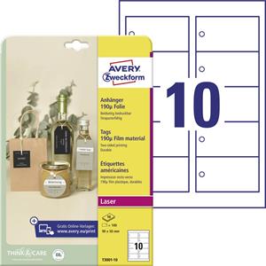 Avery-Zweckform T3001-10 Etiketten (A4) 90 x 50 mm Polyester Wit 100 stuk(s) Niet hechtend Labels