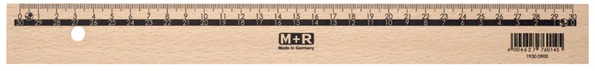 M+R lat uit hout,met schaalverdeling voor recht- en linkshandigen, 30 cm