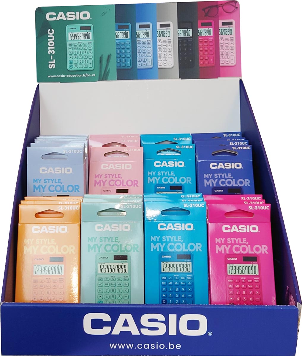 Casio zakrekenmachine SL-310UC, toonbankdisplay van 30 stuks in geassorteerde kleuren
