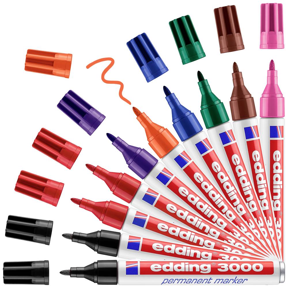 Edding 4-3000-10999 Permanent marker Zwart, Rood, Blauw, Groen, Oranje, Bruin, Violet, Roze Watervast: Ja