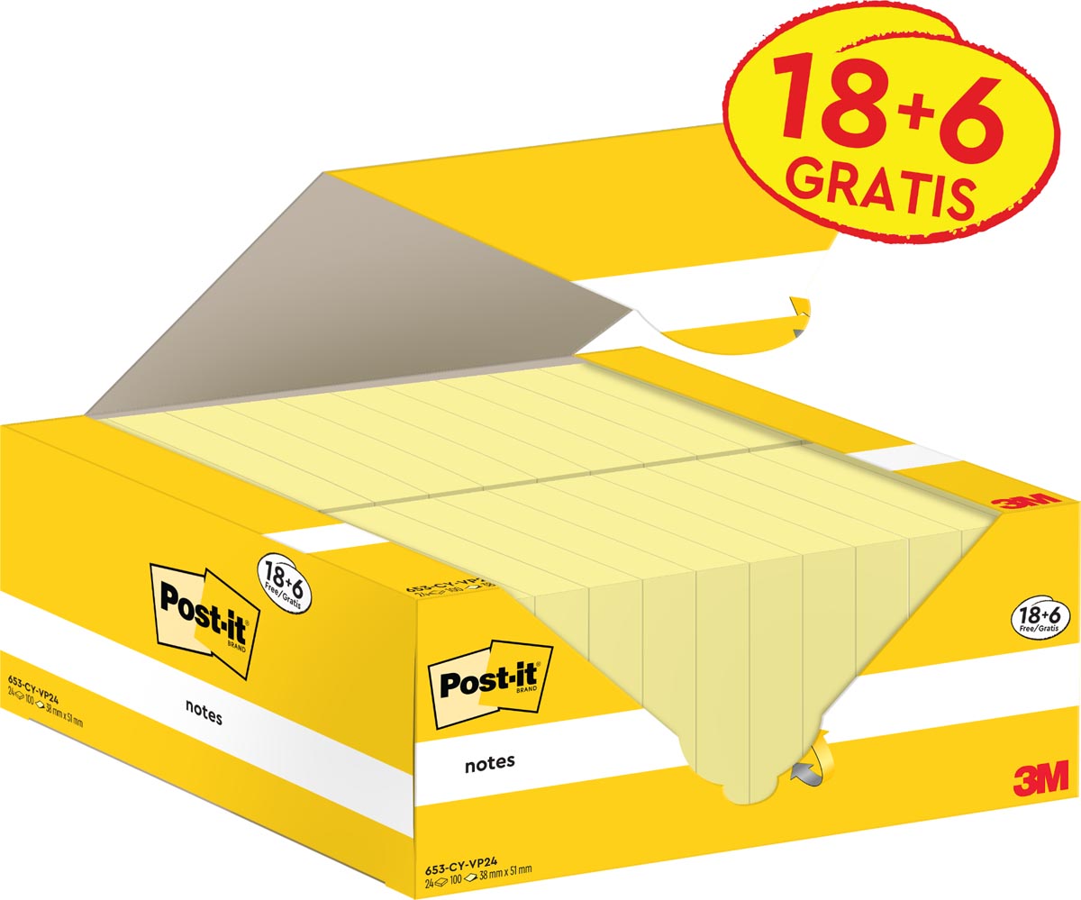 Post-it Notes, 100 vel, ft 38 x 51 mm, kanariegeel (canary yellow), 18 blokken + 6 GRATIS