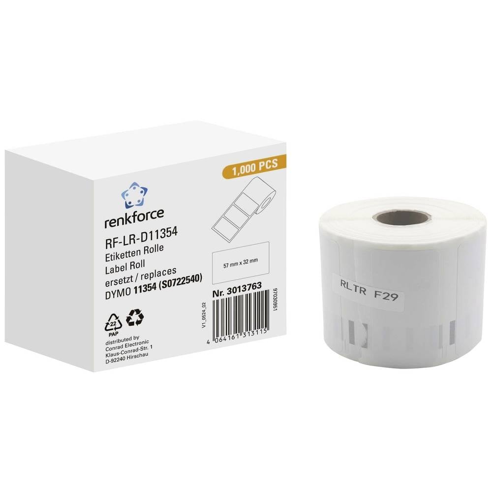 Renkforce Rol met etiketten Compatibel vervangt DYMO DYMO 11354, S0722540 57 x 32 mm Papier Wit 1000 stuk(s) Permanent hechtend Universele etiketten RF-6027526