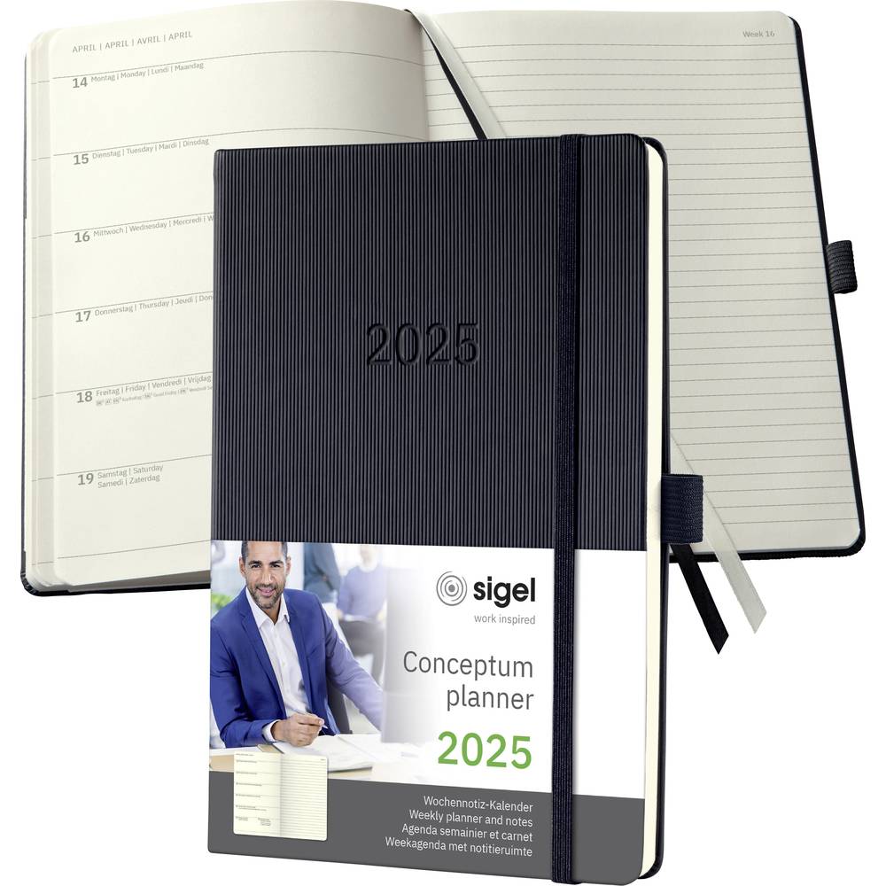 Sigel Wochen-Notiz-Kalender Conceptum 2025, 192 Seiten, DIN A5, kariert, DE/EN/FR/NL, schwarz