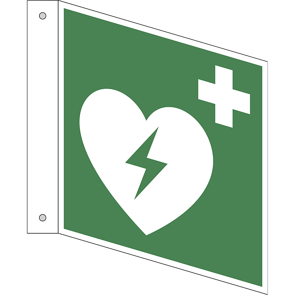 Reddingsbord, geautomatiseerde externe defibrillator, VE = 10 stuks, aluminium, bord met pijl, 150 x 150 mm