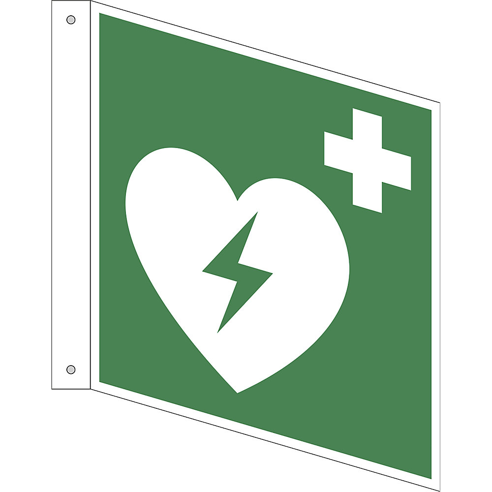 Reddingsbord, geautomatiseerde externe defibrillator, VE = 10 stuks, aluminium, bord met pijl, 200 x 200 mm