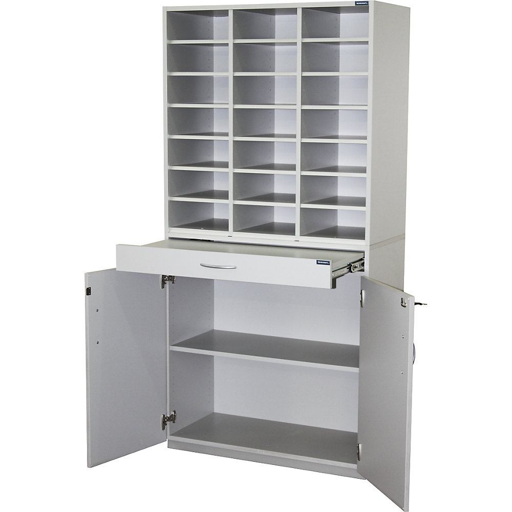 Eurokraft pro Sorteerstation, h x b x d = 1864 x 913 x 440 mm, 21 vakken A4, lichtgrijs RAL 7035