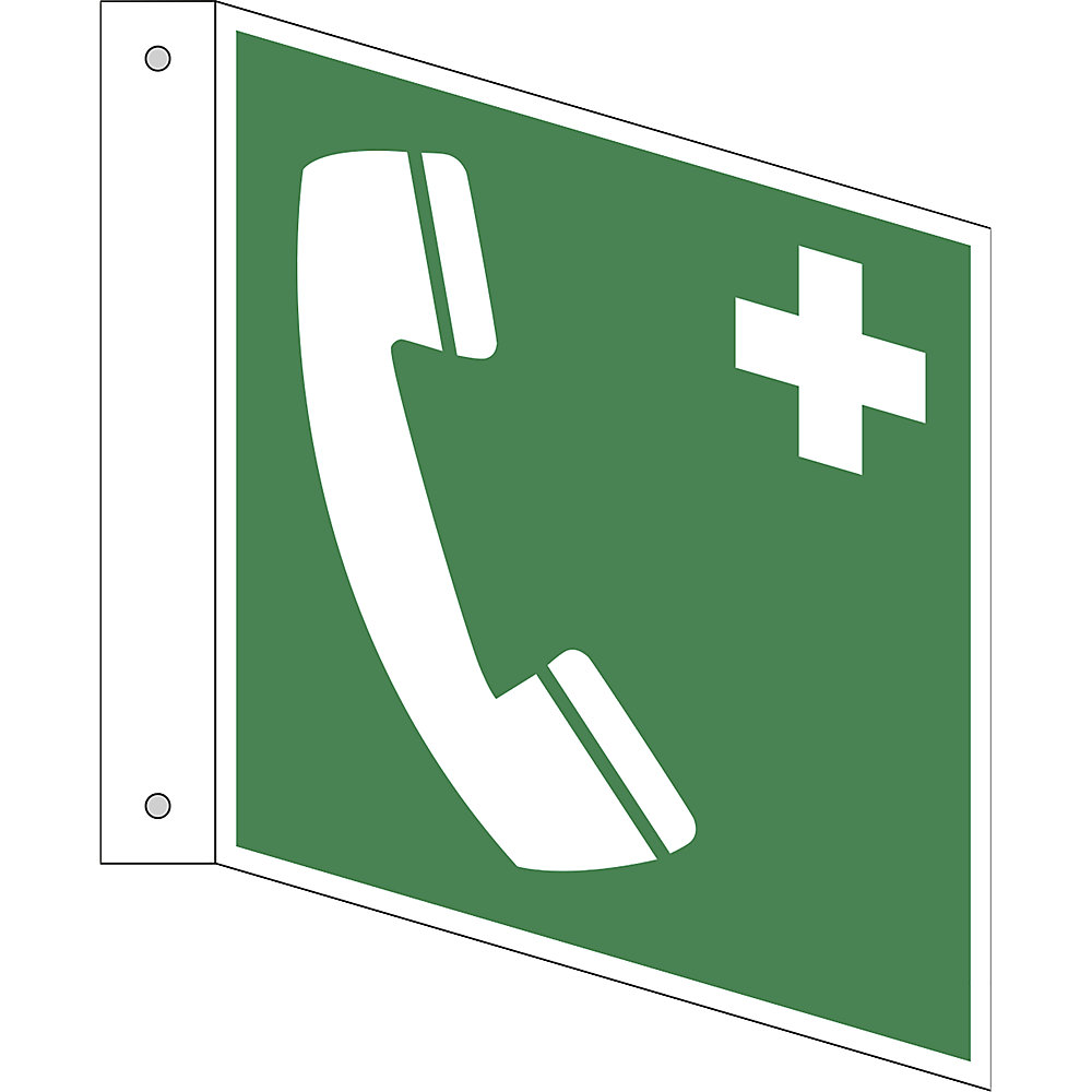 Reddingsbord, noodtelefoon, VE = 10 stuks, kunststof, bord met pijl, 150 x 150 mm