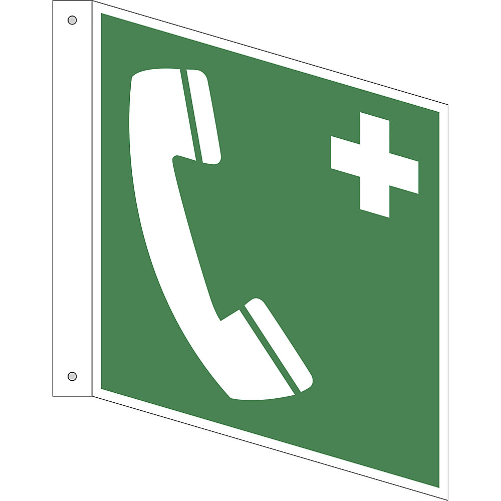 Reddingsbord, noodtelefoon, VE = 10 stuks, kunststof, bord met pijl, 200 x 200 mm