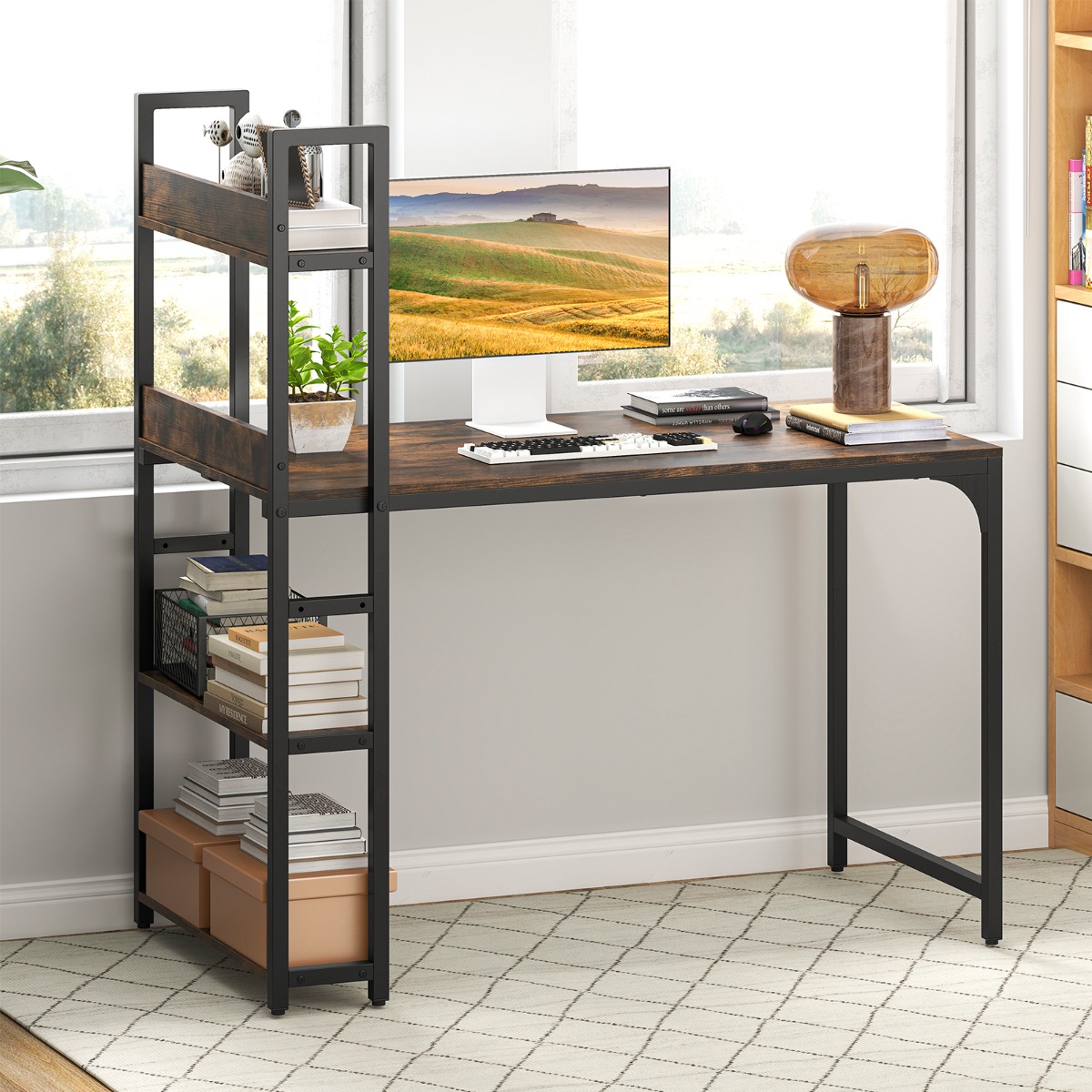 Costway Computerbureau met Stekkerdoos 120 cm Bureau met Boekenkast Stopcontacten en Metalen Frame Werktafel voor Thuiskantoor