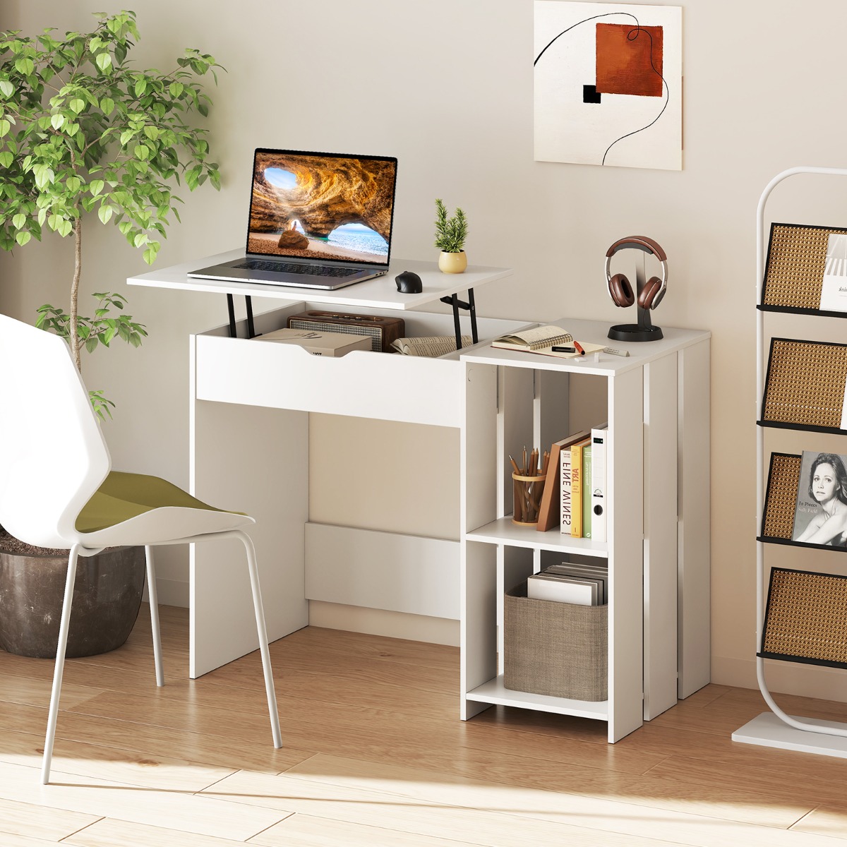 Costway Computerbureau met Opklapbaar Bovenblad Modern Laptopbureau met Verborgen Vak en 2 Open Opbergplanken Studeertafel Wit