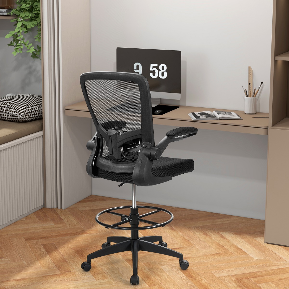 Costway Werkstoel Bureaustoel Zithoogte 55-75 cm Hoge Draaistoel Ergonomische Computerstoel Bureaustoel met Hoge Rugleuning Zwart