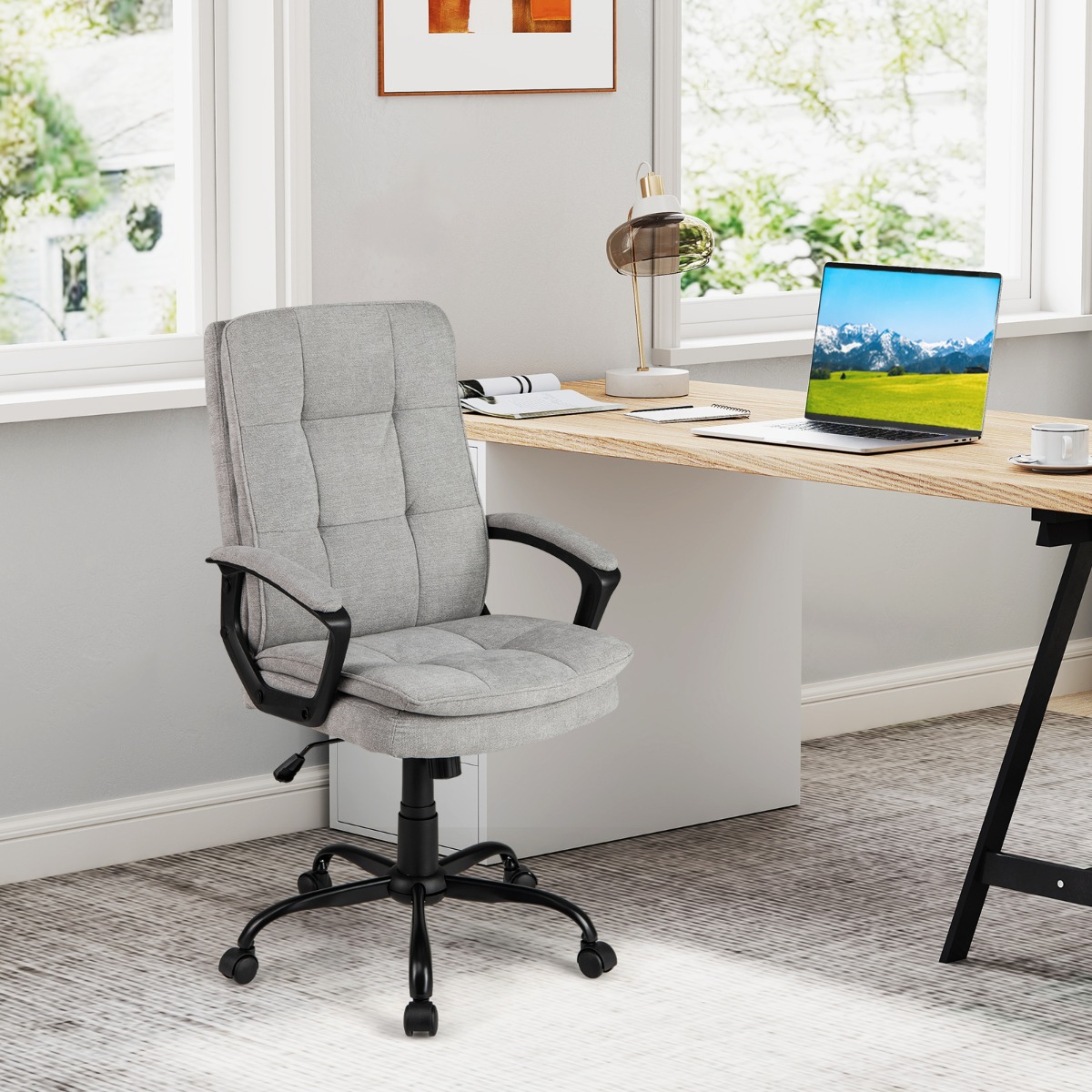 Costway In Hoogte Verstelbare Ergonomische Bureaustoel Mobiele Bureaustoel met Wielen Comfortabele Stoel voor Thuiskantoor Studeerkamer