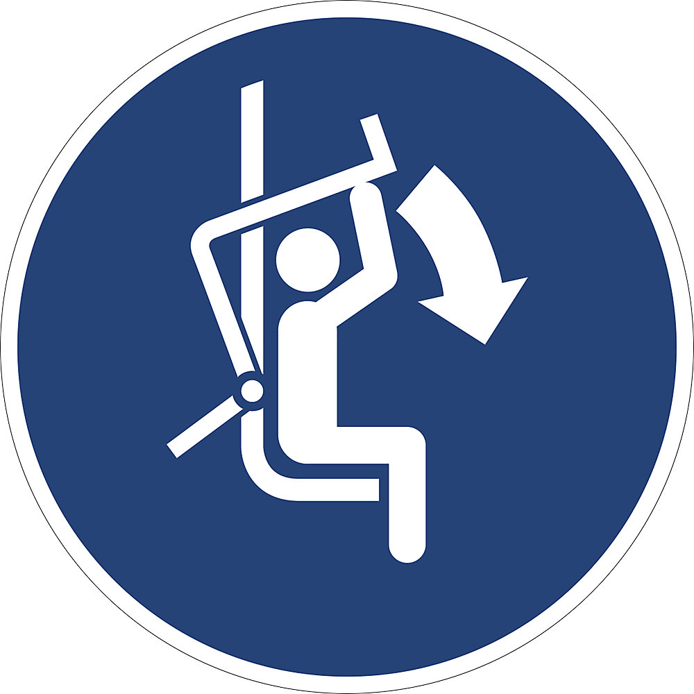 Gebodsbord, veiligheidsbeugel van de stoeltjeslift sluiten, VE = 10 stuks, folie, Ø 200 mm