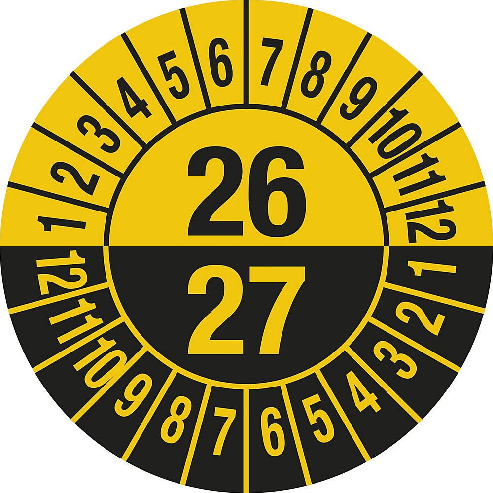 Keuringssticker, meerdere jaartallen, documentfolie, Ø 30 mm, VE = 10 stuks, 26/27, geel