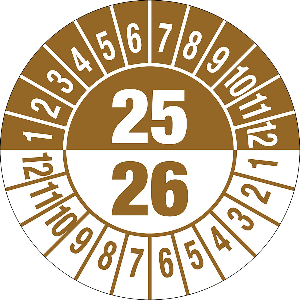 Keuringssticker, meerdere jaartallen, documentfolie, Ø 30 mm, VE = 10 stuks, 25/26, bruin