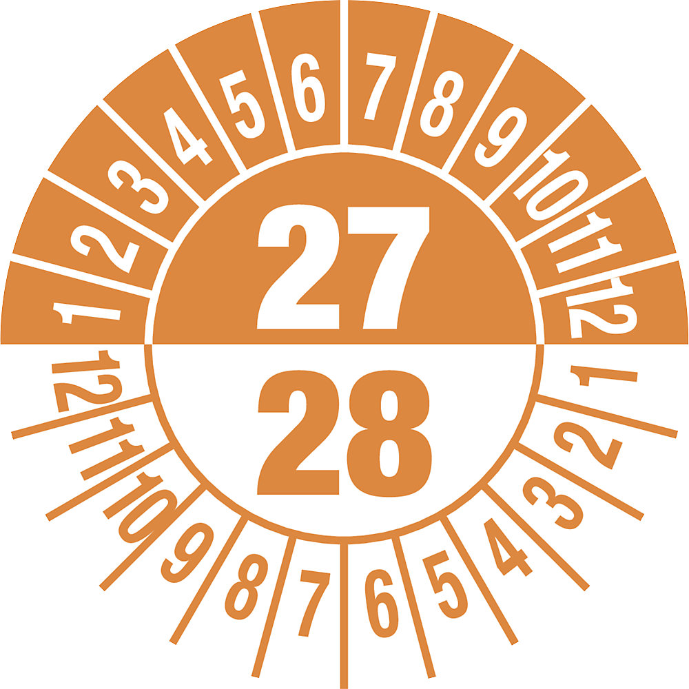 Keuringssticker, meerdere jaartallen, documentfolie, Ø 30 mm, VE = 10 stuks, 27/28, oranje