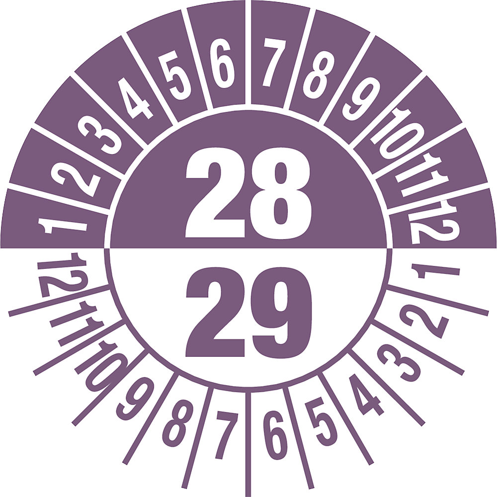 Keuringssticker, meerdere jaartallen, documentfolie, Ø 30 mm, VE = 10 stuks, 29/30, paars