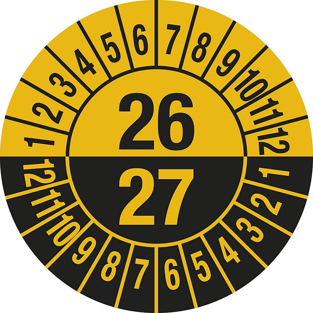 Keuringssticker, meerdere jaartallen, documentfolie, Ø 25 mm, VE = 10 stuks, 26/27, geel