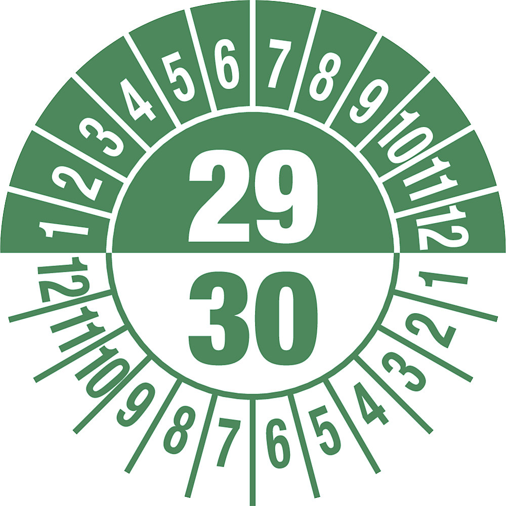 Keuringssticker, meerdere jaartallen, documentfolie, Ø 25 mm, VE = 10 stuks, 30/31, groen