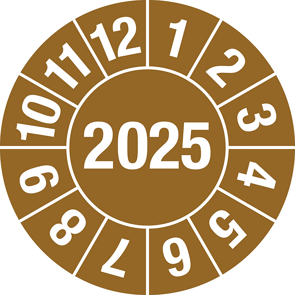 Keuringssticker, 4-cijferig jaartal, documentfolie, Ø 30 mm, VE = 10 stuks, 2025, bruin