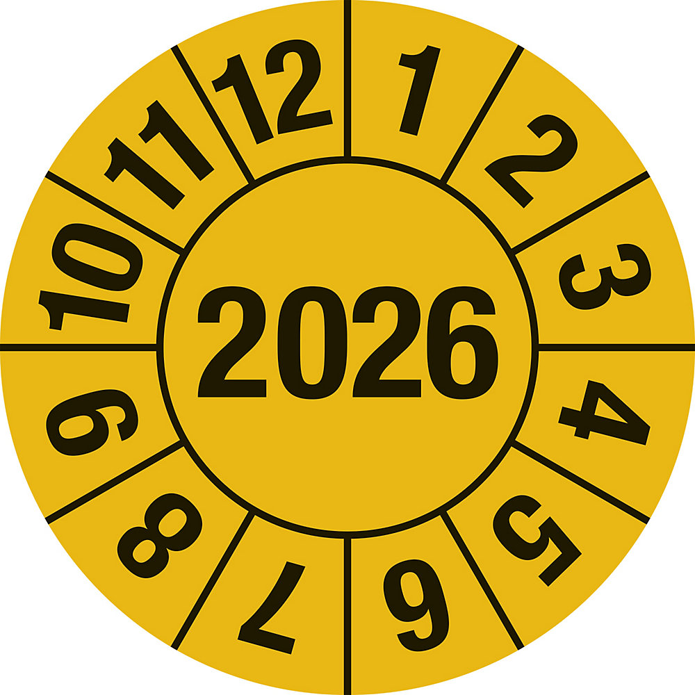 Keuringssticker, 4-cijferig jaartal, documentfolie, Ø 30 mm, VE = 10 stuks, 2026, geel