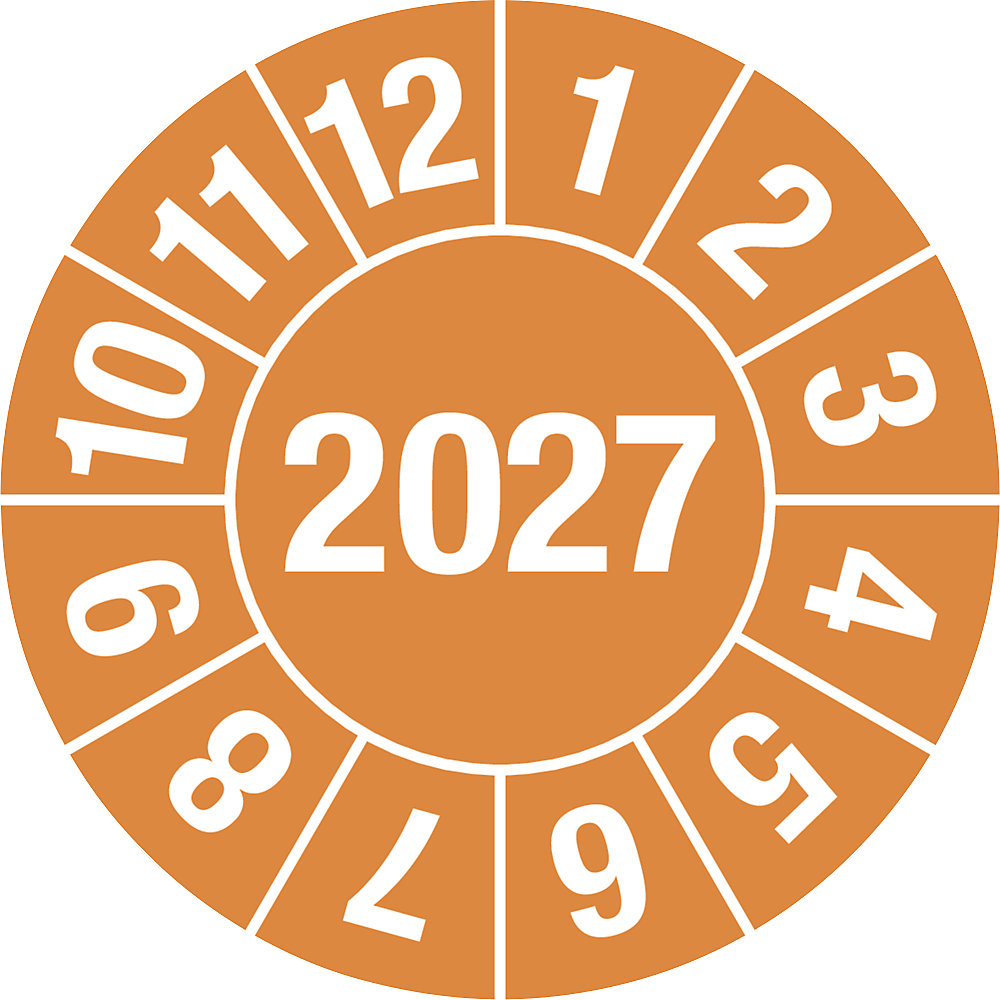 Keuringssticker, 4-cijferig jaartal, documentfolie, Ø 30 mm, VE = 10 stuks, 2027, oranje
