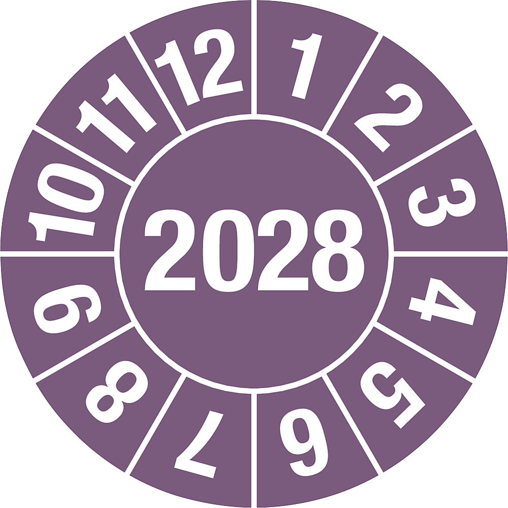 Keuringssticker, 4-cijferig jaartal, documentfolie, Ø 30 mm, VE = 10 stuks, 2028, paars
