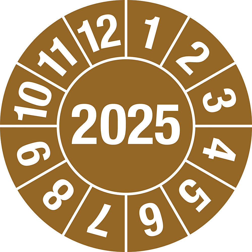 Keuringssticker, 4-cijferig jaartal, documentfolie, Ø 25 mm, VE = 10 stuks, 2025, bruin