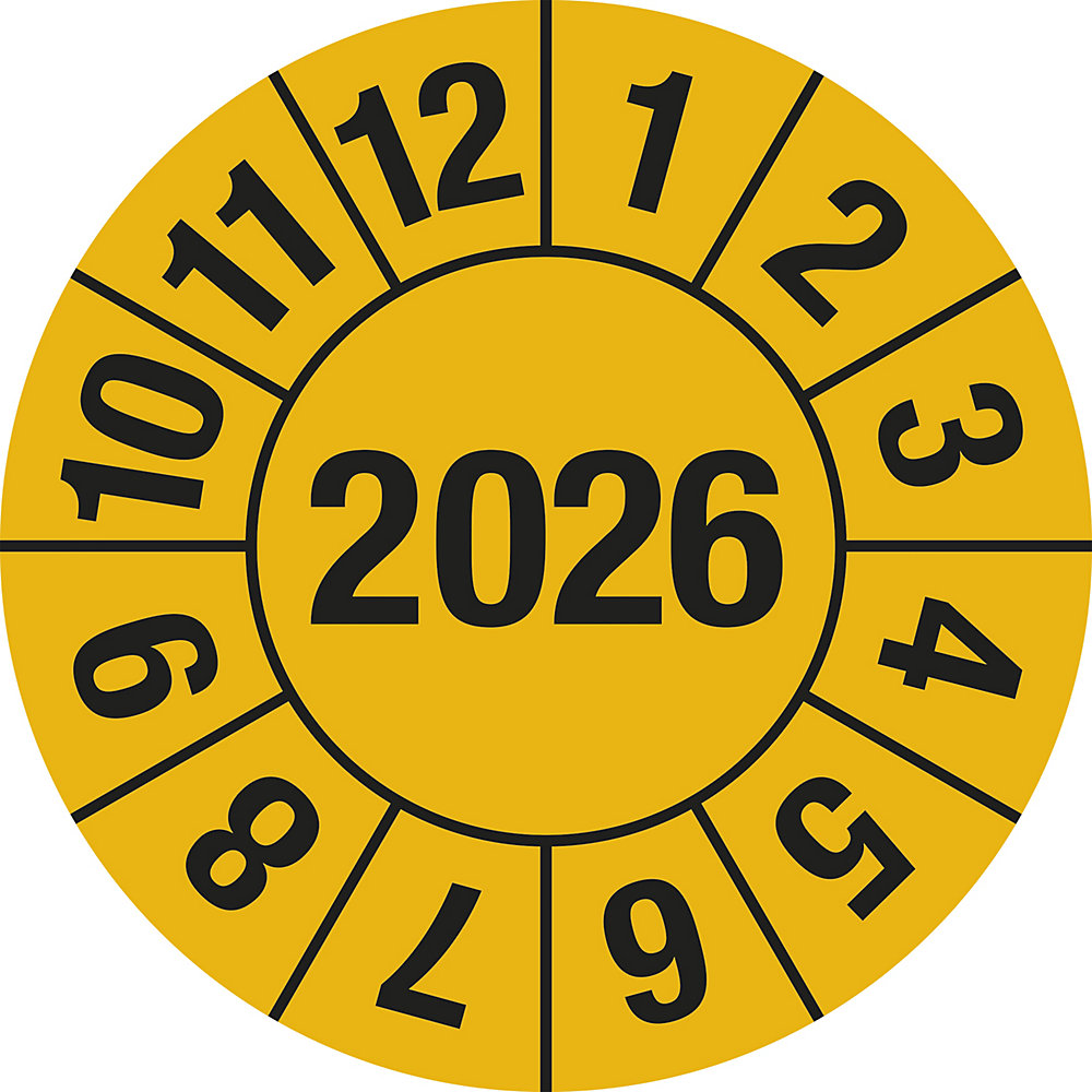 Keuringssticker, 4-cijferig jaartal, documentfolie, Ø 25 mm, VE = 10 stuks, 2026, geel