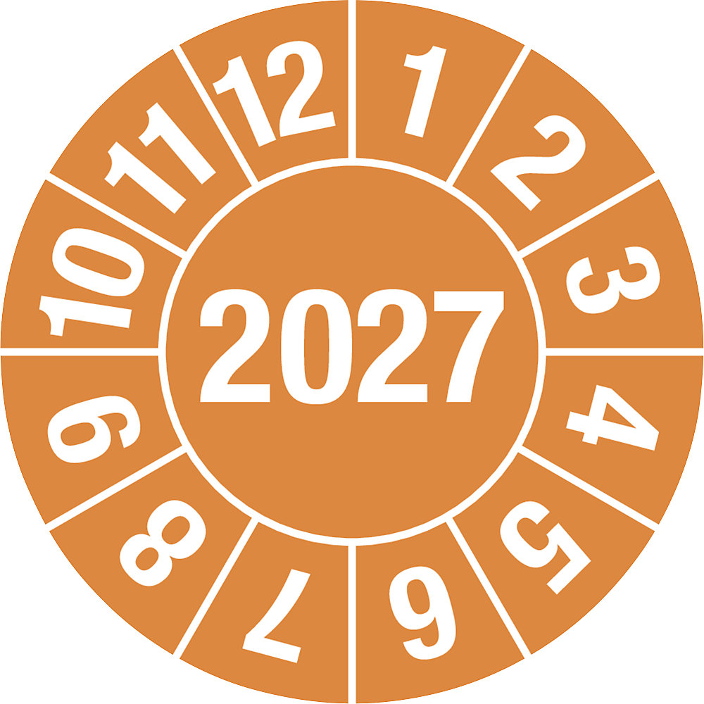 Keuringssticker, 4-cijferig jaartal, documentfolie, Ø 25 mm, VE = 10 stuks, 2027, oranje