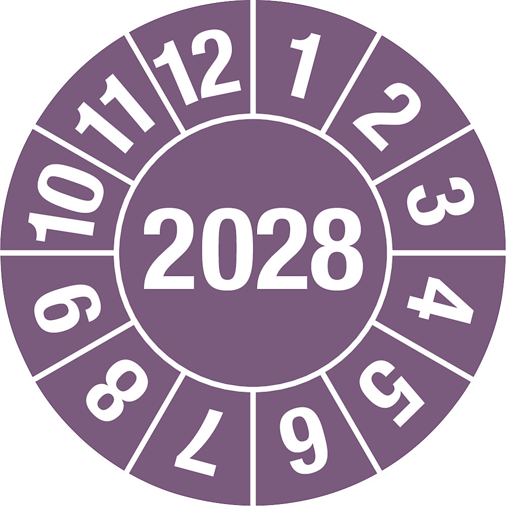 Keuringssticker, 4-cijferig jaartal, documentfolie, Ø 25 mm, VE = 10 stuks, 2028, paars