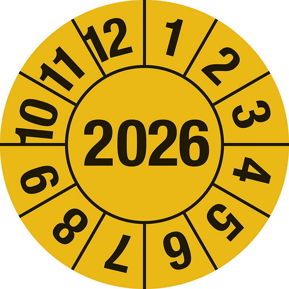 Keuringssticker, 4-cijferig jaartal, documentfolie, Ø 15 mm, 2026, geel