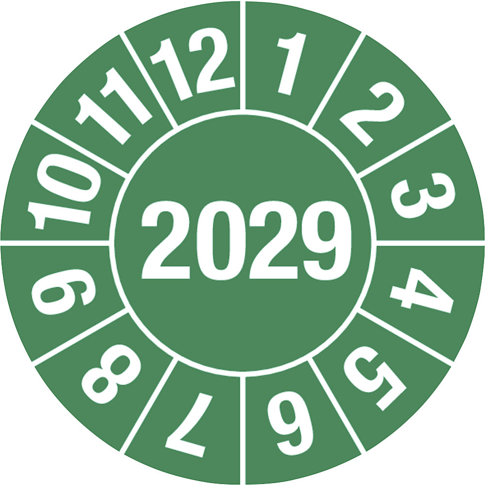 Keuringssticker, 4-cijferig jaartal, documentfolie, Ø 15 mm, 2029, groen