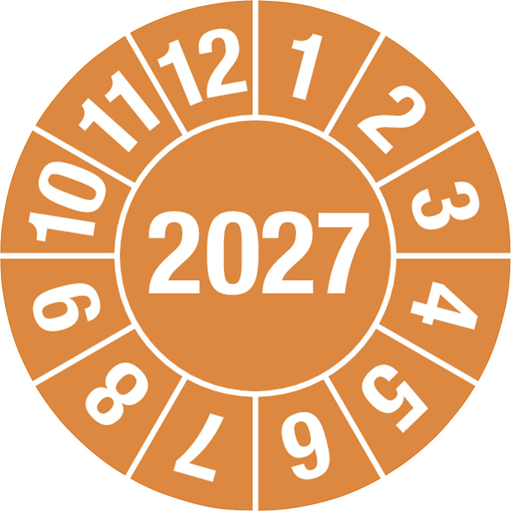 Keuringssticker, 4-cijferig jaartal, documentfolie, Ø 15 mm, 2027, oranje