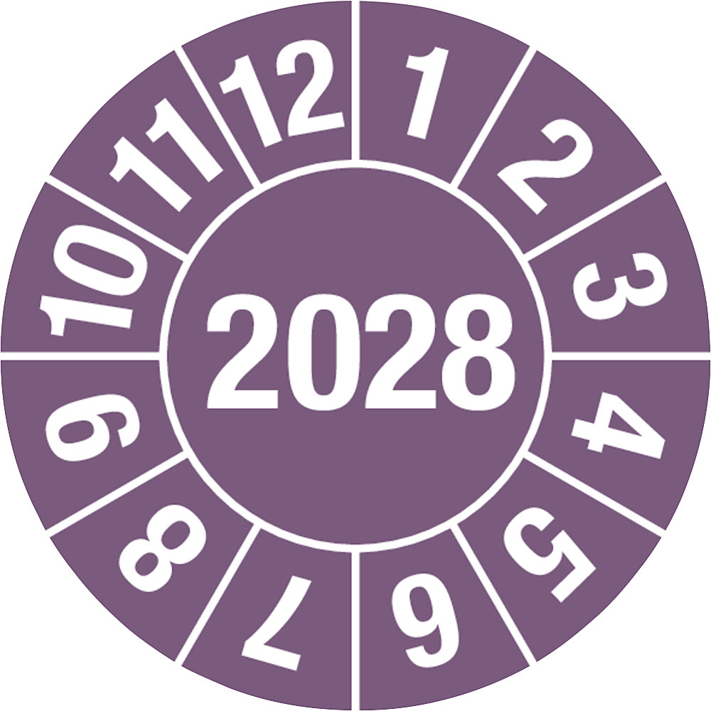 Keuringssticker, 4-cijferig jaartal, documentfolie, Ø 15 mm, 2028, paars