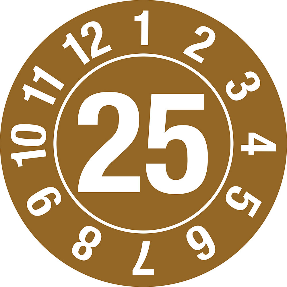 Keuringssticker, jaartal, documentfolie, Ø 25 mm, in cirkel, VE = 10 stuks, 25, bruin