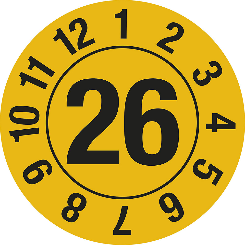 Keuringssticker, jaartal, documentfolie, Ø 25 mm, in cirkel, VE = 10 stuks, 26, geel